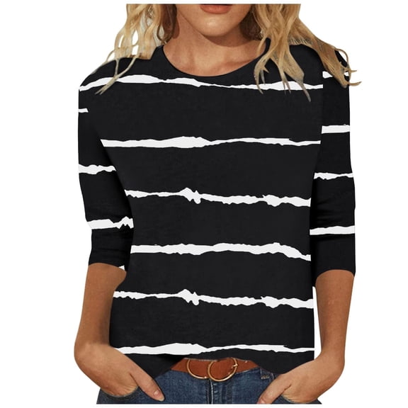 IROINNID Women's Fashion Printed Loose T-shirt Mid-length 3/4 Sleeves Blouse Round Neck Casual Tops(Z03#Black,M)