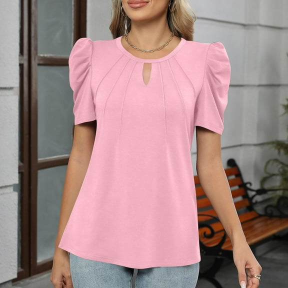 IROINNID Women's Fashion Round Neck Short Sleeve Tops Solid Color Summer Blouse,Loose Fits Casual T-Shirt,Trendy Design(Pink#1,)