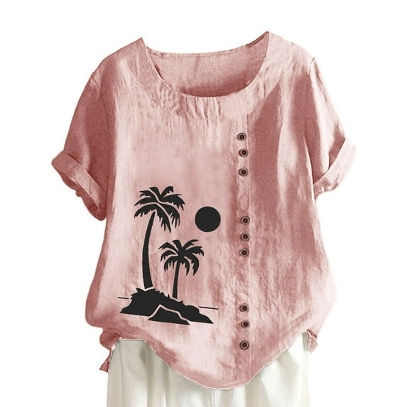 IROINNID Women's Fashion Summer Casual Round Neck buttons Short Sleeve Printing Loose Shirt Tops Spring Saving Sale