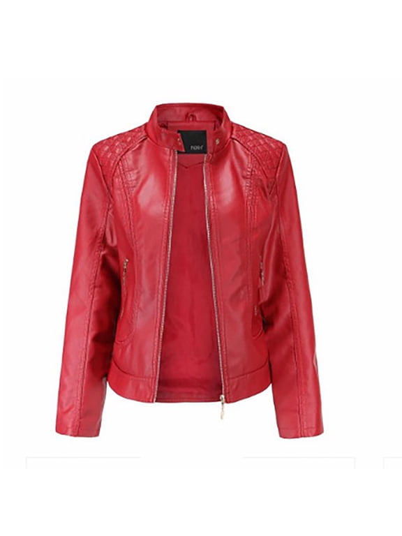Women's Faux Leather Coat Stand Collar Solid Color Long Sleeve Casual Slim Stand Zip Motorcycle Suit Belt Coat Jacket Tops, Red