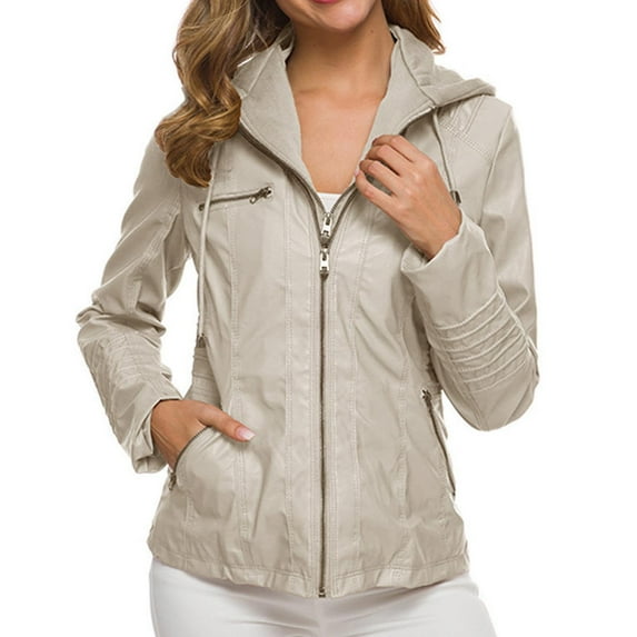 IROINNID Women's Faux Leather Jacket Clearance Hooded Long Sleeve Casual Biker Zip Up Jacket,Beige