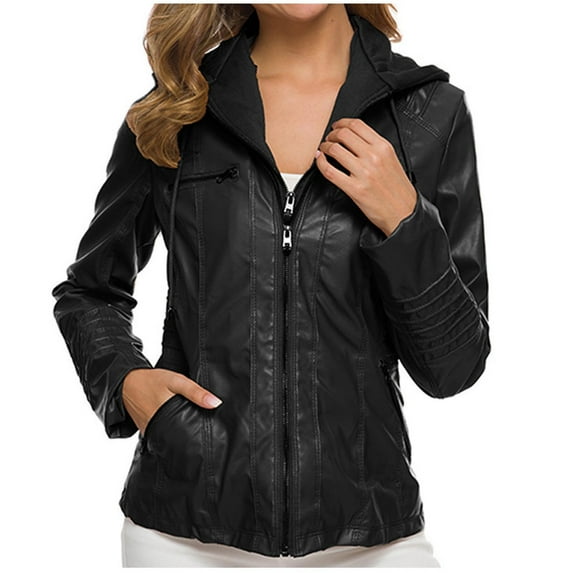 IROINNID Women's Faux Leather Jacket Clearance Hooded Long Sleeve Casual Biker Zip Up Jacket,Black