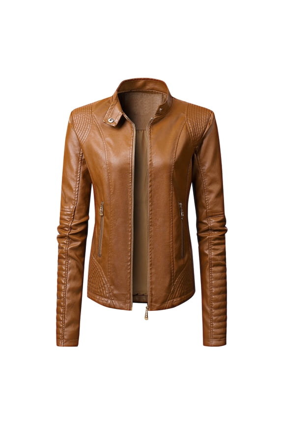 Women's Faux Leather Jacket Long Sleeve Casual Biker Moto Jacket,Brown