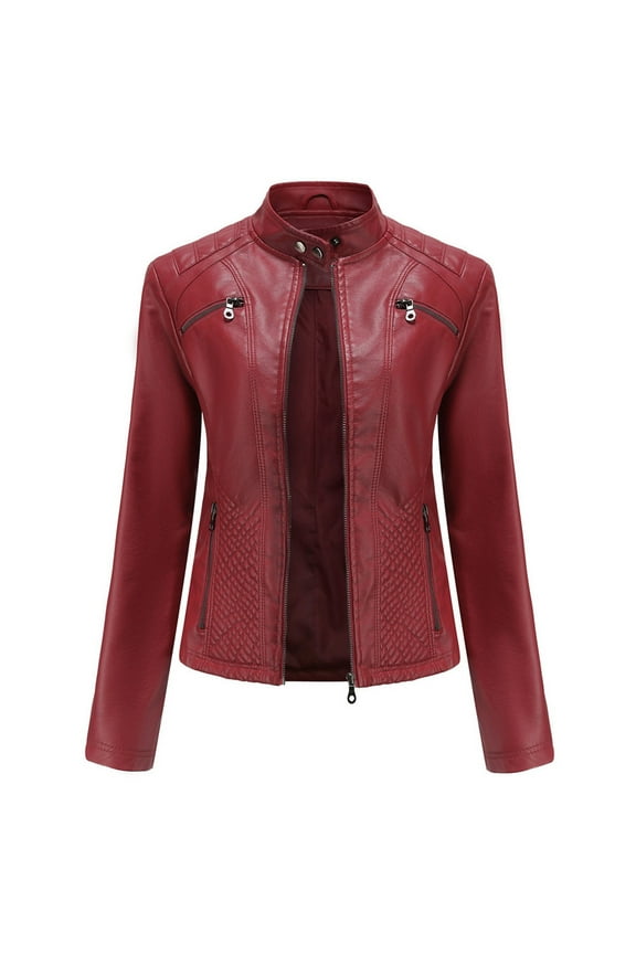 Women's Faux Leather Jacket Long Sleeve Casual Biker Zip Up Jacket,Burgundy