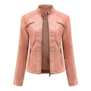 IROINNID Women's Faux Leather Jacket Long Sleeve Casual Biker Zip Up Jacket,Pink