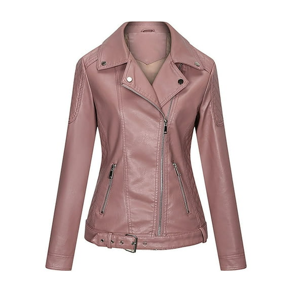 IROINNID Women's Faux Leather Jacket Long Sleeve Notch Lapel Casual Biker Moto Jacket,Pink