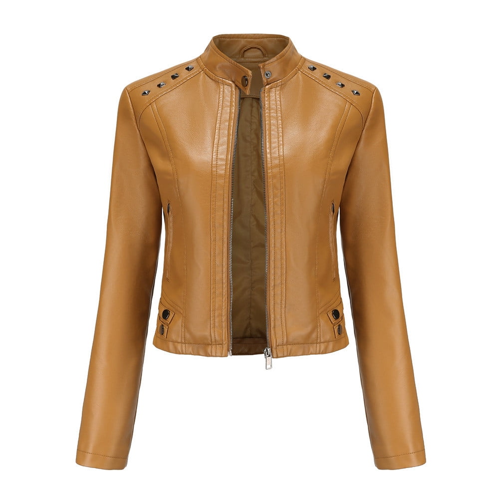 IROINNID Women's Faux Leather Jacket Long Sleeve Casual Cropped Slim Fit Zipper Pocket Biker Moto Jacket,Khaki