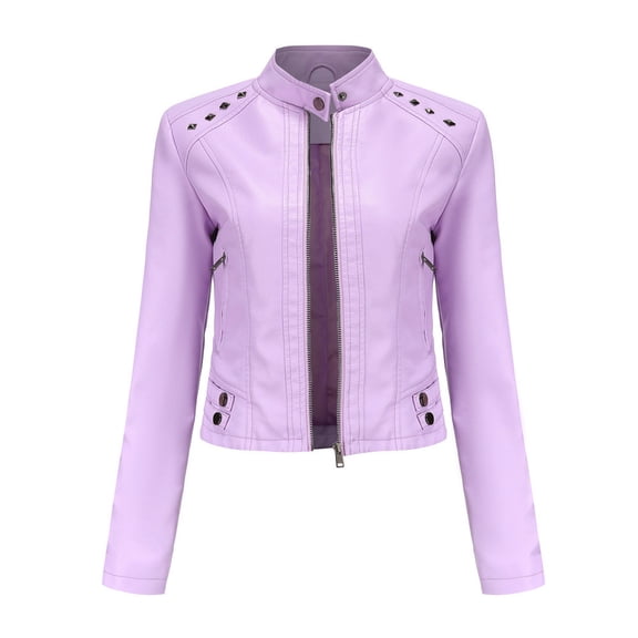 IROINNID Women's Faux Leather Jacket Long Sleeve Casual Cropped Slim Fit Zipper Pocket Biker Moto Jacket,Purple