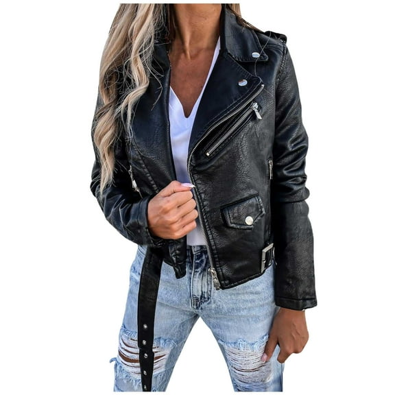 IROINNID Women's Faux Leather Jacket Long Sleeve Notch Lapel Casual Biker Moto Jacket with Front Multi Pocket,Black