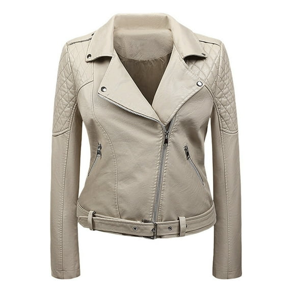 IROINNID Women's Faux Leather Jacket Long Sleeve Notch Lapel Casual Biker Zip Up Jacket,Beige