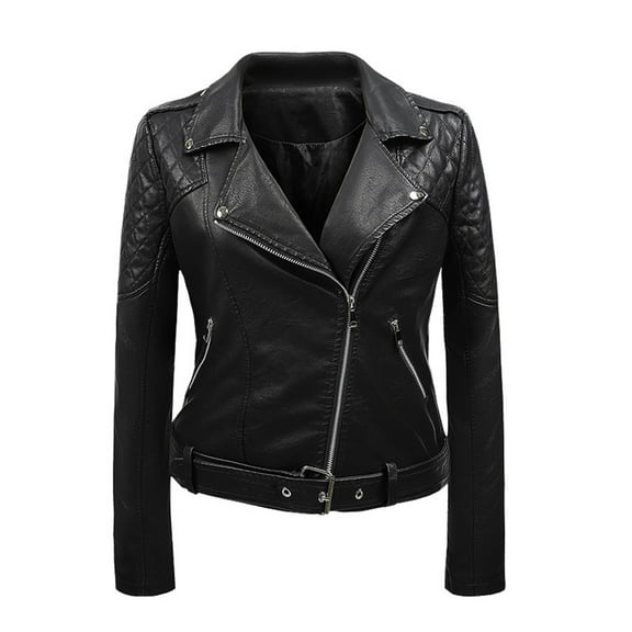 IROINNID Women's Faux Leather Jacket Long Sleeve Notch Lapel Casual Biker Zip Up Jacket,Black