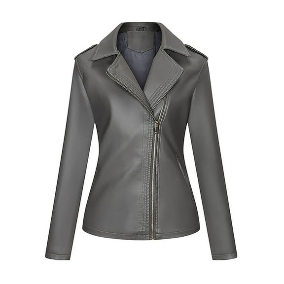 IROINNID Women's Faux Leather Jacket Long Sleeve Notch Lapel Casual Short Biker Moto Jacket,Gray