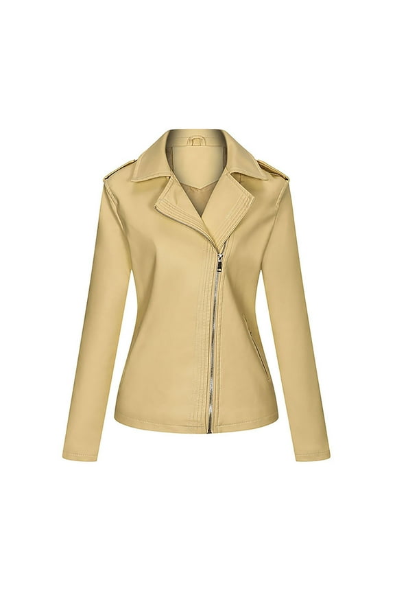 Women's Faux Leather Jacket Long Sleeve Notch Lapel Casual Short Biker Moto Jacket,Yellow