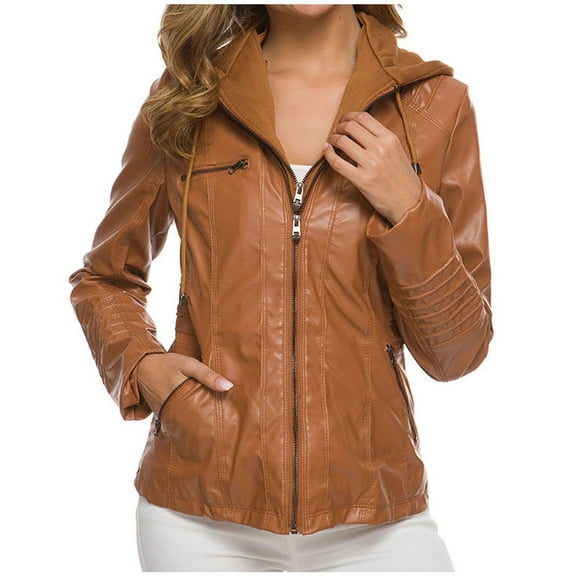 IROINNID Women's Faux Leather Jacket Hooded Long Sleeve Casual Biker Zip Up Jacket,Brown