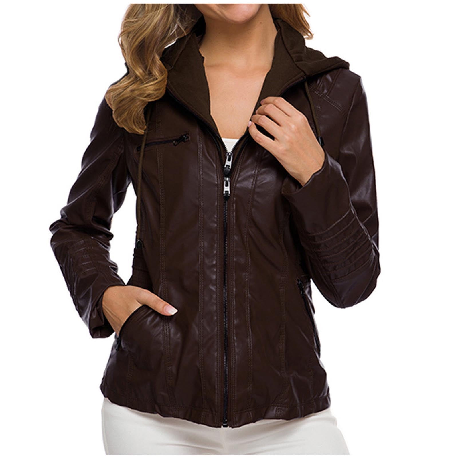 IROINNID Women's Faux Leather Jacket Hooded Long Sleeve Casual Biker Zip Up Jacket,Coffee