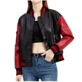 thumbnail image 1 of IROINNID Women's Faux Leather Jacket Long Sleeve Contrast Color Stand Collar Outwear, Casual Color-Block Leather Long-Sleeve Uniform Ladies Jacket, 1 of 7