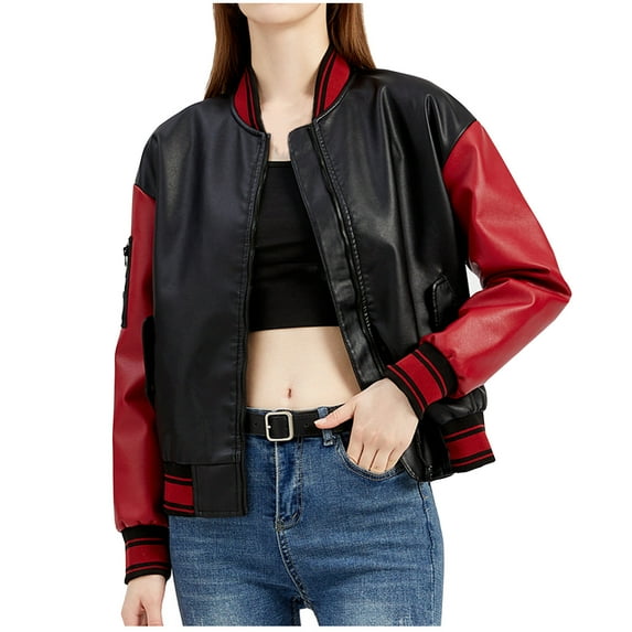 IROINNID Women's Faux Leather Jacket Long Sleeve Contrast Color Stand Collar Outwear, Casual Color-Block Leather Long-Sleeve Uniform Ladies Jacket