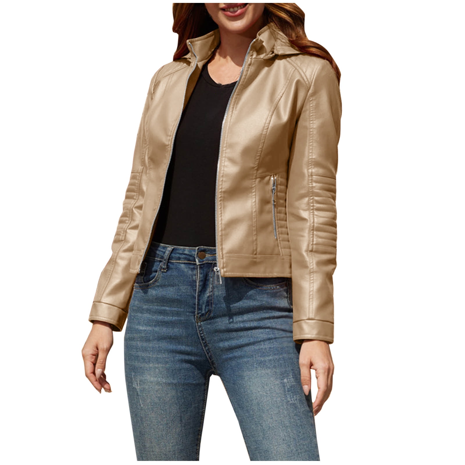 IROINNID Women's Faux Leather Jacket Long Sleeve Front Zip Pocket Biker Moto Jacket,Khaki