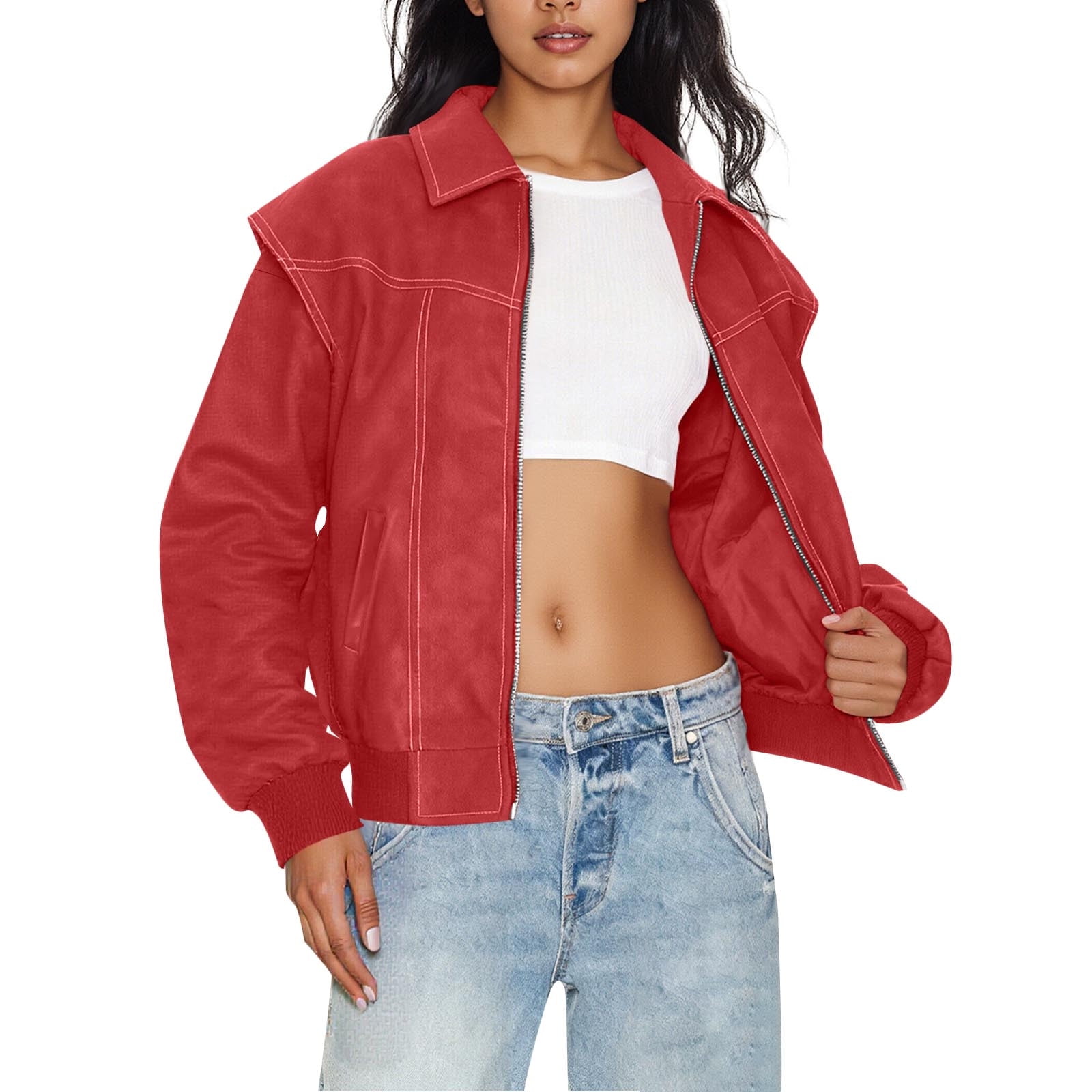 IROINNID Women's Faux Leather Jacket Long Sleeve Front Zip Pocket Biker Moto Jacket
