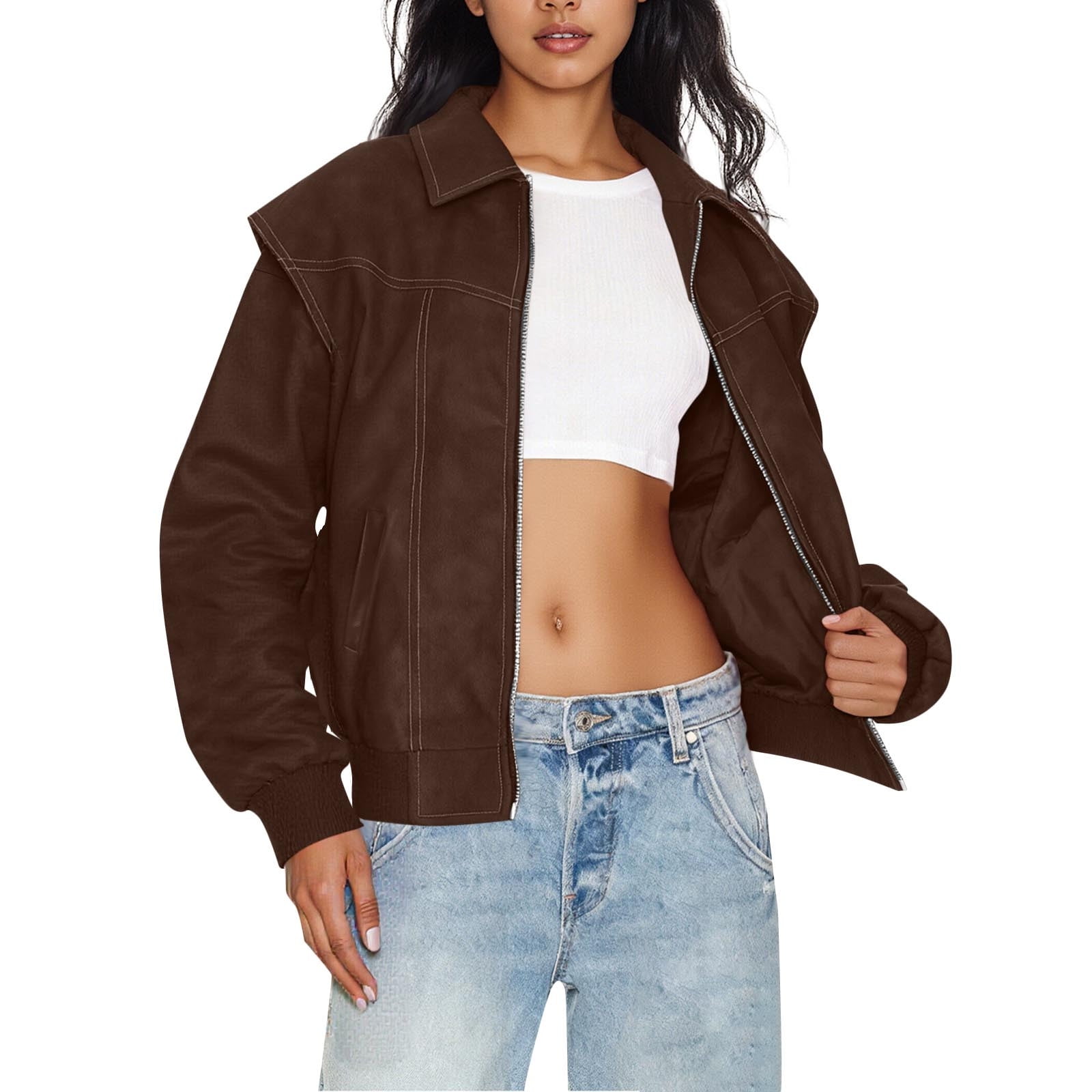 IROINNID Women's Faux Leather Jacket Long Sleeve Front Zip Pocket Biker Moto Jacket