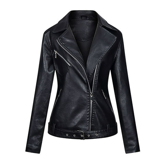 IROINNID Women's Faux Leather Jacket Long Sleeve Notch Lapel Casual Biker Zip Up Jacket Coat,Black