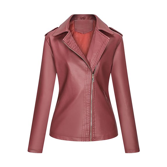 IROINNID Women's Faux Leather Jacket Long Sleeve Notch Lapel Casual Short Biker Moto Jacket,Pink