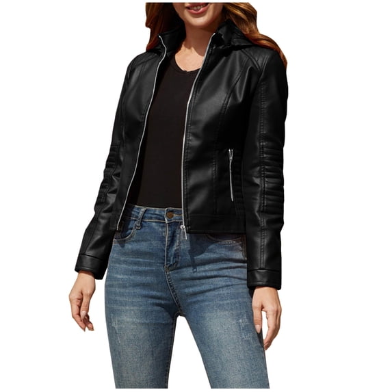 IROINNID Women's Faux Leather Jacket Long Sleeve Notch Lapel Zipper Pocket Slim Fitted Biker Zip Up Jacket,Black