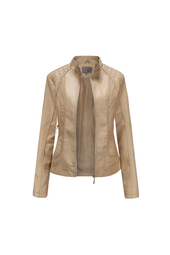 Women's Faux Leather Jacket Long Sleeve Slim Fitted Casual Biker Moto Jacket,Khaki