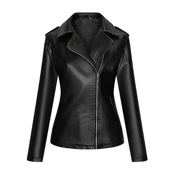 IROINNID Women's Faux Leather Jacket Long Sleeve Solid Color Notch Lapel Outwear, Casual Leather Cardigan with Pocket Short Jacket