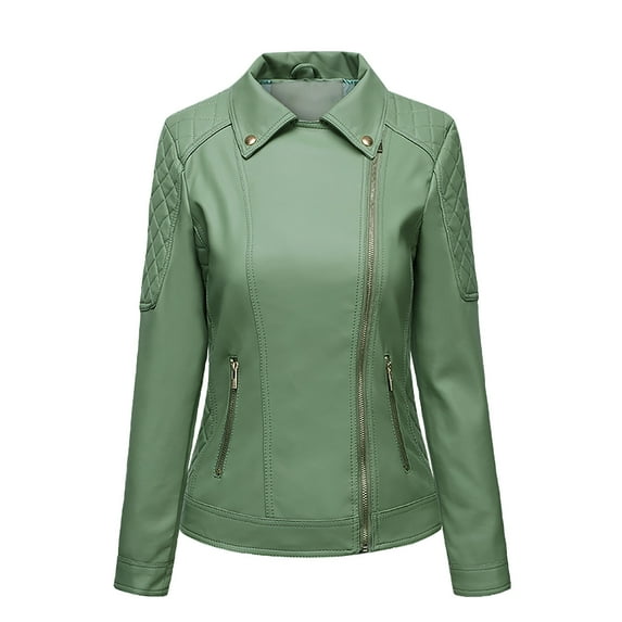 IROINNID Women's Faux Leather Jacket Long Sleeve Solid Color Notch Lapel Outwear, Leisure Leather Cardigan with Pocket Short Jacket