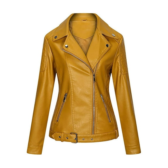 IROINNID Women's Faux Leather Jacket Long Sleeve Solid Color Notch Lapel Outwear, Leisure Leather Short Jacket with Pocket