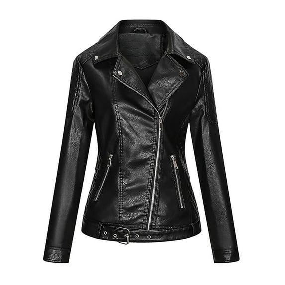 IROINNID Women's Faux Leather Jacket Long Sleeve Solid Color Notch Lapel Outwear, Leisure Leather Short Jacket with Pocket