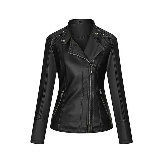 IROINNID Women's Faux Leather Jacket Long Sleeve Solid Color Notch Lapel Outwear, Loose Leather Cardigan with Pocket Short Jacket