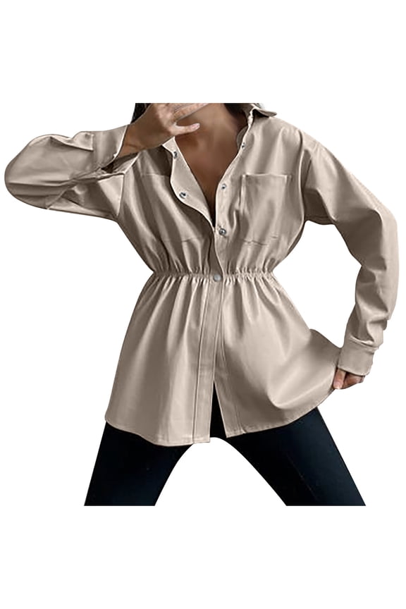 Women's Faux Leather Jacket Long Sleeve Solid Color Outwear, Casual Turndown Button Dress Autumn Blouse