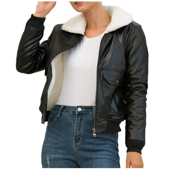 IROINNID Women's Faux Leather Jacket Long Sleeve Solid Color Turndown Lapel Outwear, Leisure Short Leather Jacket with Velvet Padded Lambswool Motorcycle Jacket