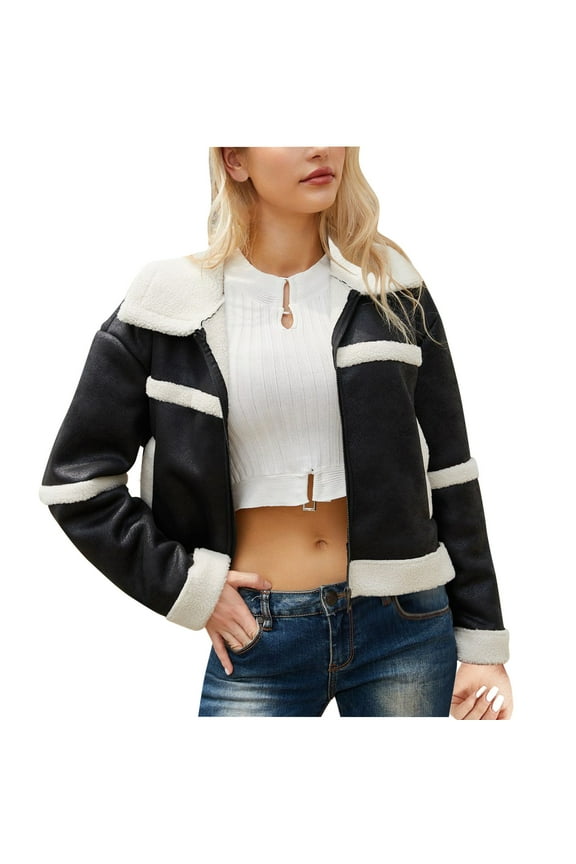 Women's Faux Leather Jacket Long Sleeve Turndown Lapel Plush Short Moto Jacket,Black
