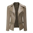 thumbnail image 1 of IROINNID Women's Faux Leather Jacket Notch Lapel Solid Color Long Sleeve Leisure Cool Jacket Zipper Fitted Coat Fall Short Jacket, Khaki, 1 of 6