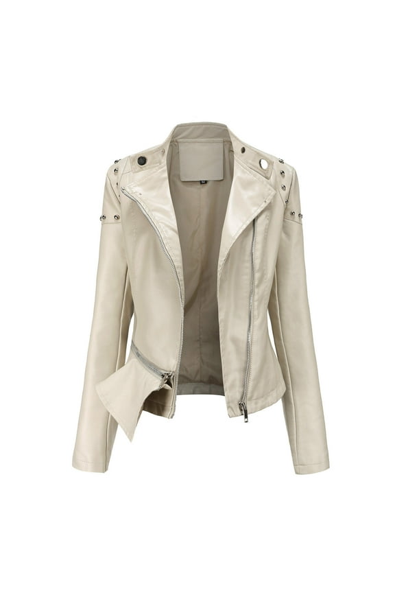 Women's Faux Leather Jacket Notch Lapel Solid Color Long Sleeve Loose Slim Stand Zip Motorcycle Suit Belt Coat Jacket Tops, White