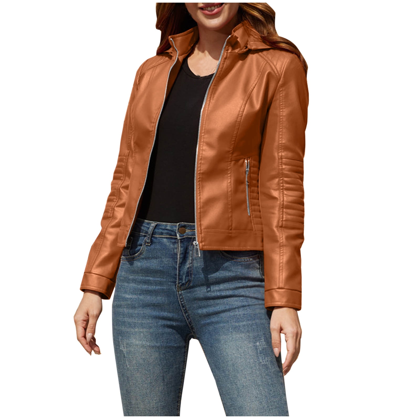 IROINNID Women's Faux Leather Jacket Long Sleeve Front Zip Pocket Biker Moto Jacket,Orange