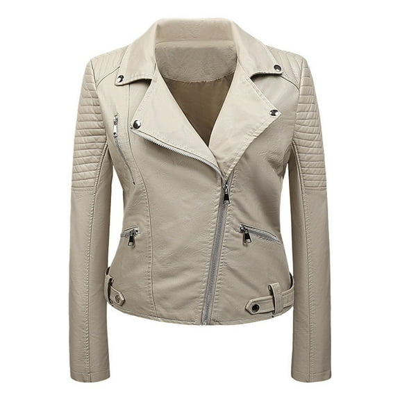 IROINNID Women's Faux Leather Jacket Long Sleeve Notch Lapel Casual Biker Moto Jacket,Beige