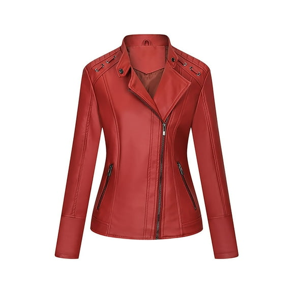 IROINNID Women's Faux Leather Jacket Long Sleeve Notch Lapel Casual Biker Zipper Closure Jacket,Red