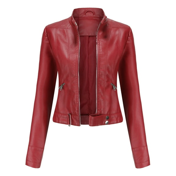 IROINNID Women's Faux Leather Jacket Long Sleeve Casual Biker Zip Up Jacket,Red