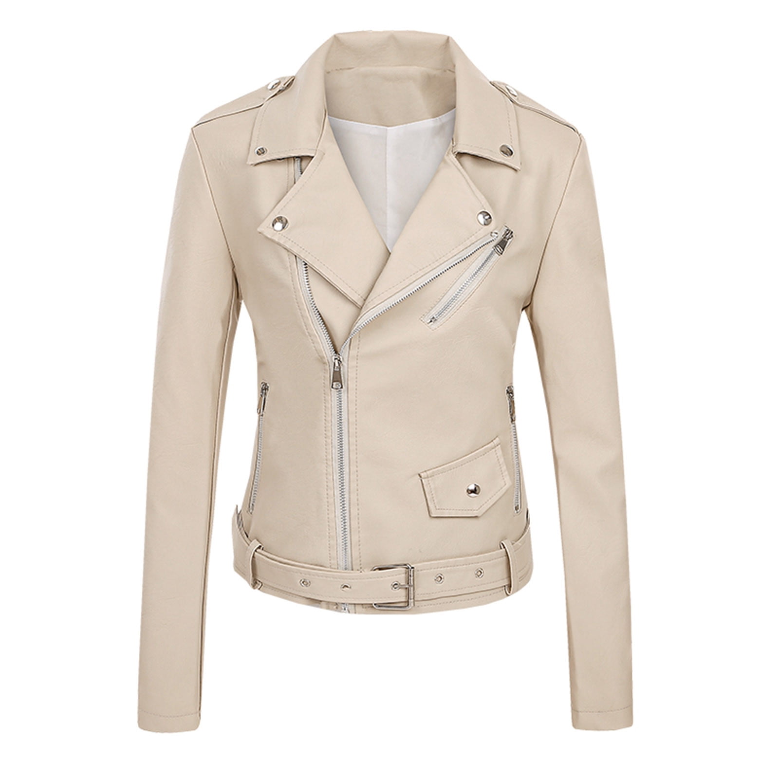 IROINNID Women's Faux Leather Jacket Long Sleeve Notch Lapel Casual Biker Zip Up Jacket,Beige