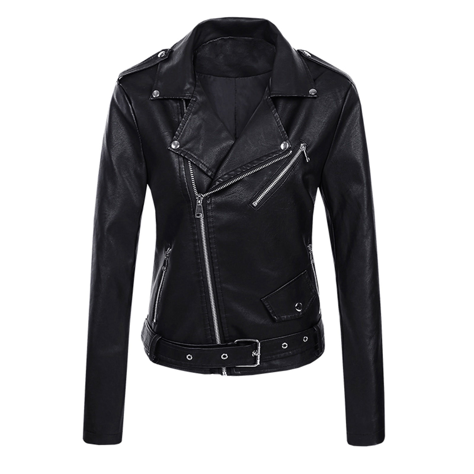 IROINNID Women's Faux Leather Jacket Long Sleeve Notch Lapel Casual Biker Zip Up Jacket,Black