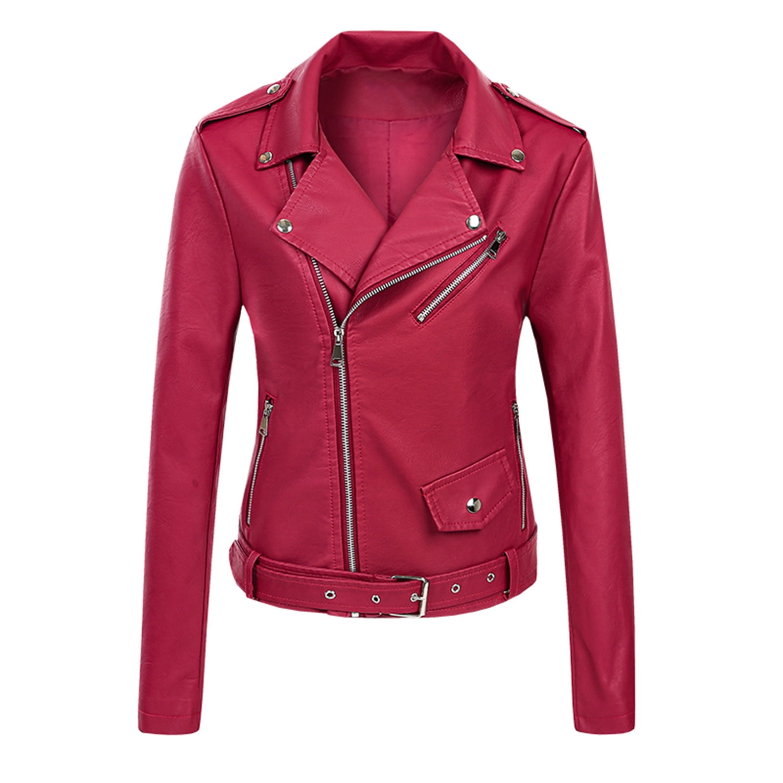 IROINNID Women's Faux Leather Jacket Long Sleeve Notch Lapel Casual Biker Zip Up Jacket,Red