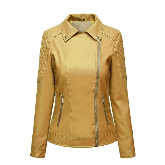 IROINNID Women's Faux Leather Jacket Long Sleeve Notch Lapel Slim Fitted Biker Moto Jacket,Yellow