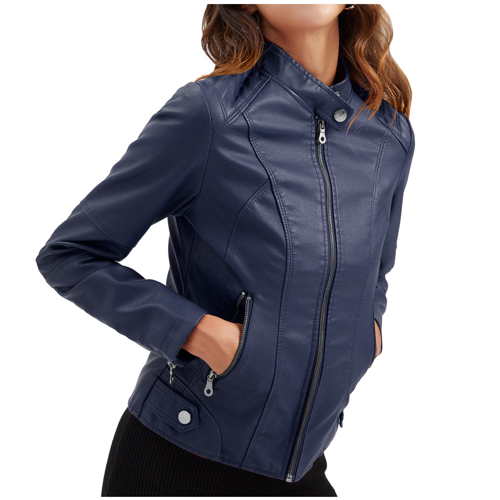 IROINNID Women's Faux Leather Jacket Long Sleeve Zipper Pocket Biker Moto Jacket,Blue