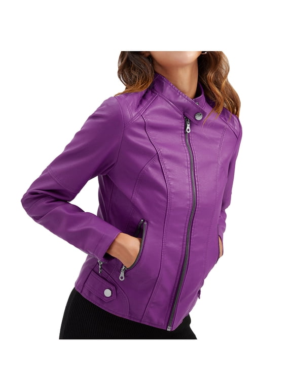 Women's Faux Leather Jacket Long Sleeve Zipper Pocket Biker Moto Jacket,Purple