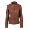 thumbnail image 1 of IROINNID Women's Faux Leather Jacket Stand Collar Solid Color Long Sleeve Casual Sweatshirt Button Slim Zipper Bomber Jacket Warm Coat Jacket, Brown, 1 of 2