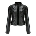 thumbnail image 1 of IROINNID Women's Faux Leather Jacket Stand Collar Solid Color Long Sleeve Comfy Slim Stand Zip Motorcycle Suit Belt Coat Jacket Tops, Black, 1 of 7